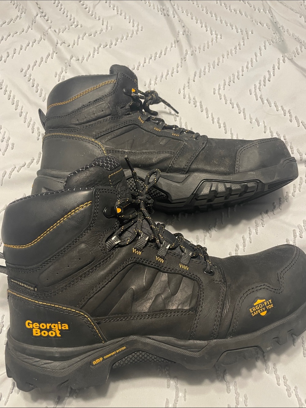 Georgia Boot Black Work Boots with Yellow Accents